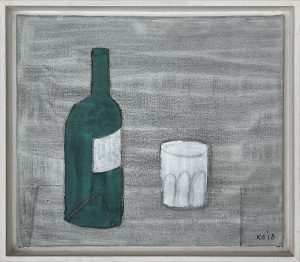 Klaas Gubbels, z.t., Stilleven met Lyonais-glas met fles, 2018, Acryl op doek, 30x35 cm, Galerie InDruk