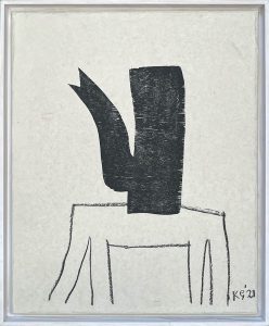 Klaas Gubbels, Op Tafel, 2021, Houtdruk en houtskool op papier, 55x45 cm, Galerie InDruk