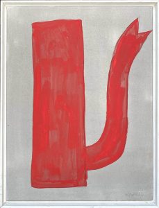 Klaas Gubbels, Rode ketel op grijs, 2021, Acryl op papier, 66x50cm, gemaroufleerd, Galerie InDruk