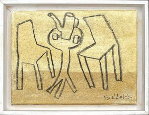 Klaas Gubbels, z.t. 'Twee stoelen en Driepoot', 2023, Houtskool, acryl op doek, 18x24 cm, Galerie InDruk