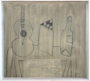 Stilleven is een gitaar, een schaakbord, een fles en een krant, Houtskool, 45x50cm, Acryl, krantenknipsel, Galerie InDruk